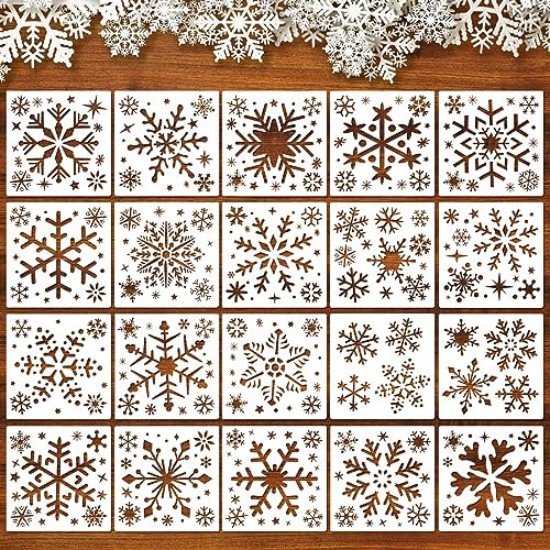 HOWAF 20 Pcs Pochoir Flocon de Neige de Noël Pochoir Kit de Dessin Au Pochoir en Plastique Réutilisable, Pochoirs en Forme de Flocons de Neige pour Décoration de Noël, Flocon de Neige Decoration