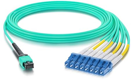 Fiber Patch Cable - MTP to 8xLC OM3 8-core (Breakout=0.6m) Fiber for 40G/100G QSFP Transceiver, 3m(10-ft)