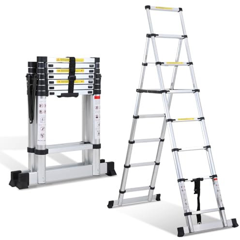 Randaco Échelle télescopique en Aluminium 2,0 m + 2,3 m - Cadre A - 6 + 7 marches - pour réparations de Toit - Taille pliée : 69 cm - Charge maximale : 150 kg