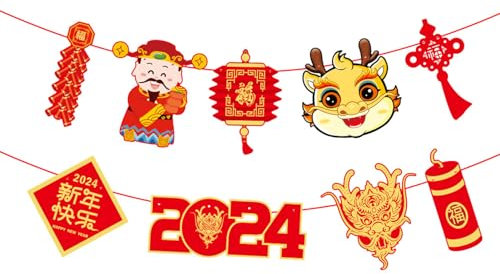 Happy New Year Banner, 2024 Drachen Neujahr Party Banner, Rot Gold Happy New Year Bunting Banner, Vormontierte Frühlingsfest Wimpelkette Girlande für Home Office Party