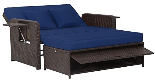 RELAX4LIFE 2 IN 1 Patio Rattan Daybed, 4-Level Adjustable Wicker Sun Lounger with Retractable Tray, Storage Ottoman & Cushion, Outdoor Double Sofa Bed Garden Furniture Set (Navy Blue+Mix Brown)