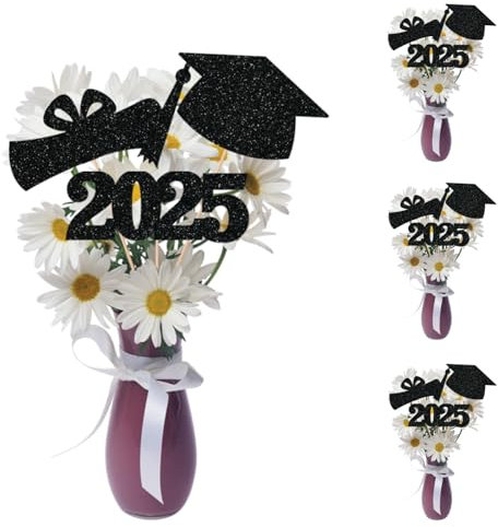 2024 Abschluss-Mittelstücke für Tische, Dekoration, 12 Stück, Glitzer-Abschluss-Ausschnitte, Kappenstäbchen, Vase, Dekoration, Konfetti-Klasse für College-Abschlusszubehör, Schwarz