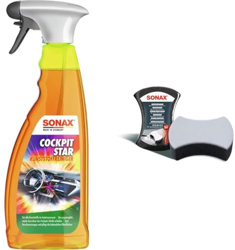 SONAX CockpitStar (750 ml) Cockpitreiniger & MultiSchwamm (1 Stück) besonders saugstarker Alleskönner für die Autoreinigung, Ar-Nr. 04280000 [Energieklasse B]