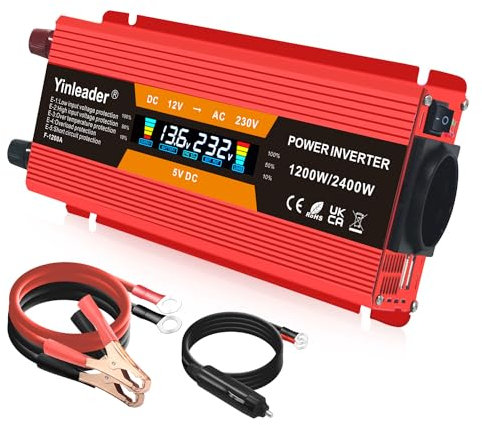 Yinleader Spannungswandler 1200W/2400W 12V 230V Wechselrichter Dual USB Power Inverter mit 1 Steckdose und LCD-Display, für Auto -rot