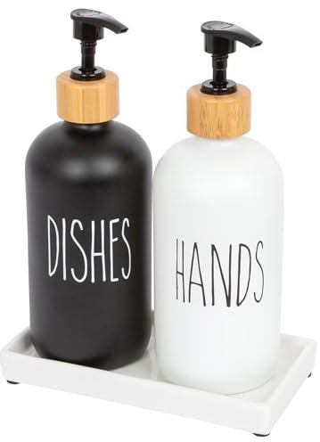 Harbour Housewares 2pc Glass Hand & Dish Soap Dispenser with Ceramic Tray - White/Black - 500ml Refillable Soap Dispensers Hand and Dish Liquid Pump for Bathroom, Kitchen, Laundry Room