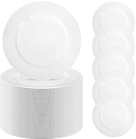 REWOMC 50 Pcs White Charger Plates, 13 Round Beaded Edge Plastic Dinner Chargers for Wedding, Party, Banquet