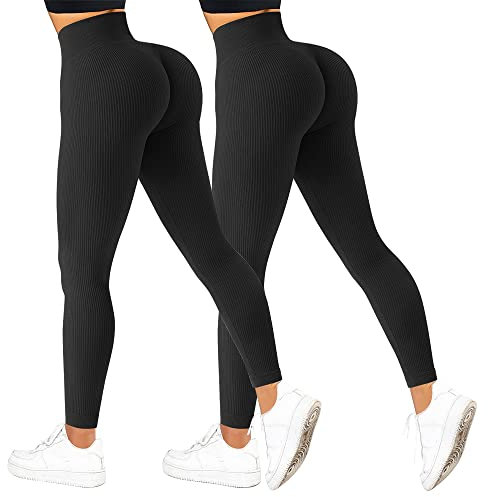 JN JANPRINT 2 Stück Gerippte Hoch Taille Leggings DamenNahtlose Bauch Kontrolle Gym Workout Yoga Hosen Laufen Kompression Leggins