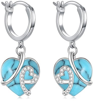 AOBOCO Herz Ohrringe Damen, 925 Sterling Silber Creolen baumeln mit Blau Kristallen, Geburtstag Geschenke für Frau Mutter (Türkis)