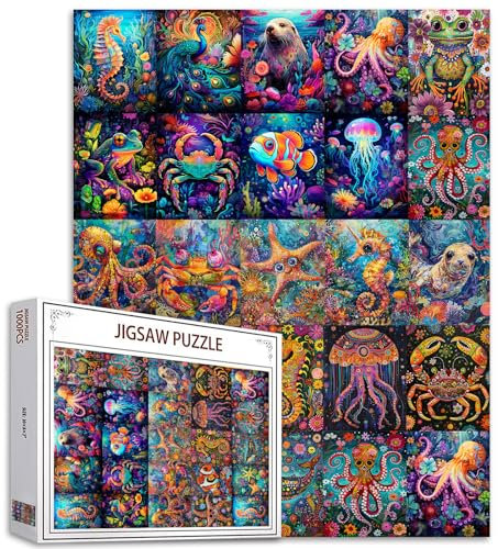 Ozean Tiere 1000 Stück Jigsaw Puzzles für Erwachsene Unterwasser-Tierwelt (Seepferdchen Seestern Qualle Wal) Puzzles Herausfordernde Familie Aktivität Spiele DIY Craft Puzzle für Home Decor Geschenke