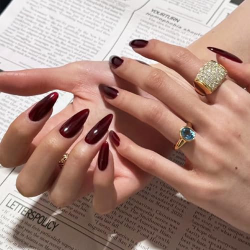 False Nails Long, 24Pcs Wine Red Almond Shape Fake Nails, Burgundy Stick on Nails Press on Nail, Glossy Solid Colour French Nail Tips with Glue for Women Girls Nail Art Accessories