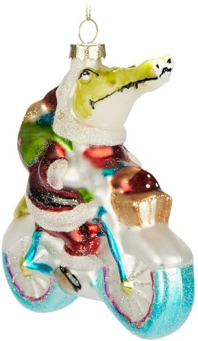 BRUBAKER Krokodil Weihnachtsmann auf Fahrrad - Handbemalte Weihnachtskugel aus Glas - 13 cm Baumkugel - Lustige Weihnachtsdekoration Anhänger - Mundgeblasener Christbaumschmuck