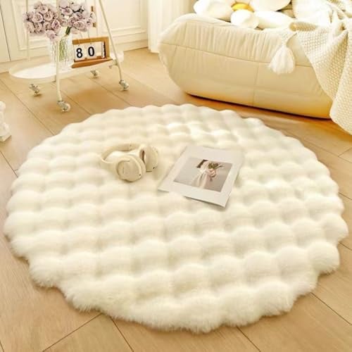 Nyescasa Hochflor Teppich Rund Langflor Wohnzimmer Weiß 100cm | Modern Flauschig Weich Runder Kunstfell Teppich für Wohnzimmer Kinderzimmer Schlafzimmer Flur
