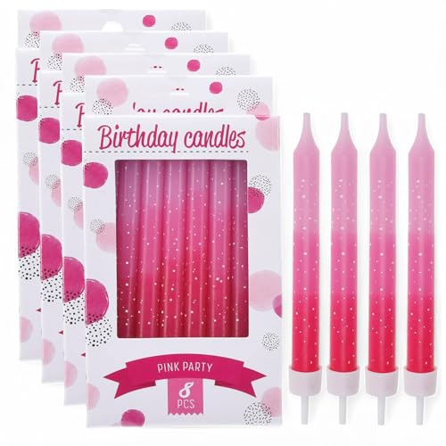 MIJOMA Geburtstagskerzen Set – 32 Kuchenkerzen mit Haltern – 8 cm lange Tortenkerzen für Geburtstag, Hochzeit, Jubiläum, Party – Hochwertige Dekokerzen für festliche Anlässe (Pink)