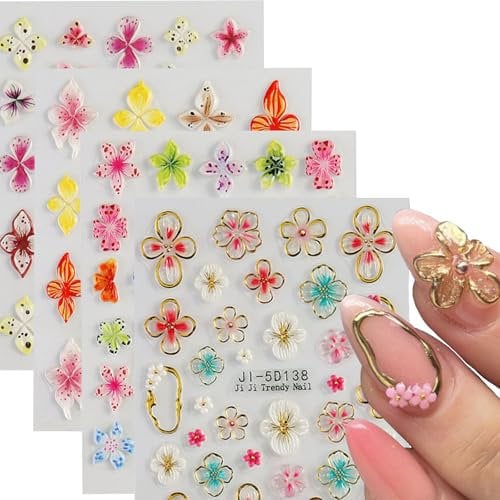 Auiremrti 4 feuilles d'autocollants pour ongles, autocollants adhésifs pour ongles, autocollants ongles fleurs 3D colorés, accessoires de design artistique, Nail Art, tatouages pour ongles, stickers