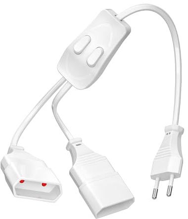 Verlängerungskabel außen 2-Fach mit Schalter, Steckdose mit Kinderschutz, Multi Stromadapter Flachstecker Schuko für Smartphone, Laptop, Büro und Zuhause, Weiß