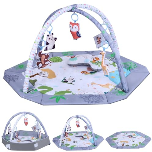Zaxiva Spielbogen Baby, Aktivitäts‑ & Krabbeldecke für 0‑6‑12‑18 Monate Babys, mit Bauchzeit‑Kissen, 5 Abnehmbare Sensorik‑Anhängern, Waschbare weiche Baby‑Liegedecke für Neugeborene