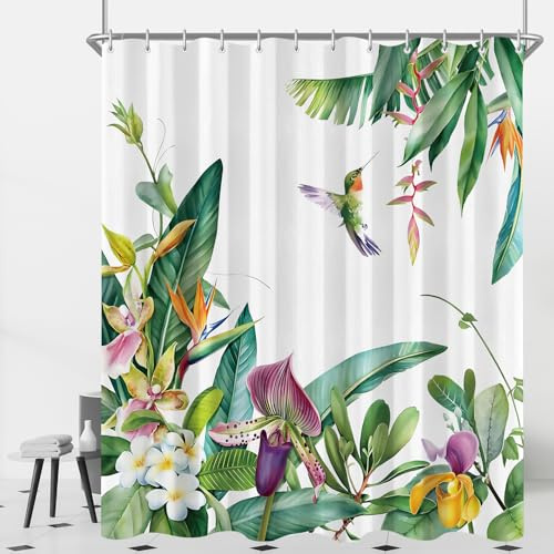 Lerores Duschvorhang 120x200 cm Grüne Blätter Vogel, Beschwerter Saum Antischimme, Wasserabweisend, Waschbar Polyester Badevorhänge mit 8 Ösen und Duschvorhangringen für Badezimmer, Badewanne