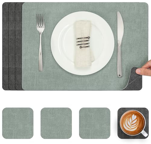 Myir JUN Tischsets abwaschbar Leder und Untersetzer doppelseitige Platzsets | Platzdeckchen abwaschbar 4er Set rutschfest Tischsets Platzsets abwaschbar Kunstleder (Grau Salbeigrün, 4er Set)