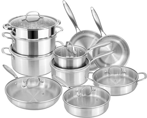 Stainless Steel Pots and Pans Set – 17pcs Cookware with Glass Lids – Induction Hob Pot Set – Cooking Saucepan Pots & Frying Pan Set – by Nuovva