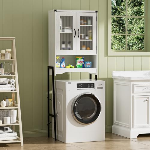 BonVache Waschmaschinenschrank mit 2 Türen, transparentem Riffelglas-Design, verstellbaren Fächern und Metallfüßen, offener Ablageebene – für Badezimmer und Waschküche, Nebelweiß