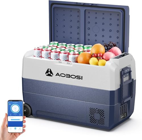 AAOBOSI Frigo Portatile Compressore 50L con APP, -20°C a 20°C, 12V 230V | Con Ruote e Maniglia,Compressione -20°C a 20°C, Controllo da APP, Luce LED Interna, 12V 24V 230V AC, per Auto Camion Camping