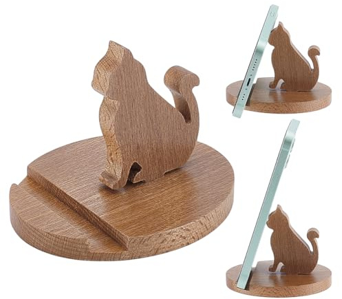 NBEADS Wooden Cell Phone Stand, Cat Phone Holder Animal Phone Stand Novelty Desk Smartphone Stand Mobilephone Holder Office Desk Decoration for Universal Cell Phone Compatible with Mini Pad Smartphone