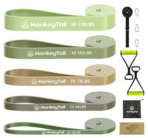 MonkeyTail Widerstandsbandset, 5 Stufen (unterschiedliche Intensitäten), für Heimtraining/Yoga/Krafttraining/Klimmzüge, inkl. verbesserter Türanker+Griffe, tragbarer Tasche, Unisex