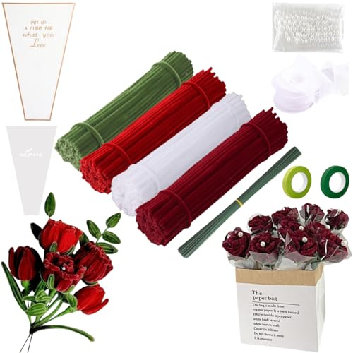 FINEVERNEK 300 Pièces Fil Chenille Bouquet de Rose Rouge, Cure Pipe Rouge Chenille, avec Floratape et Tige Fleur Artificielle, Adapté aux Fleurs de Décoration DIY pour Cadeaux de la Saint-Valentin