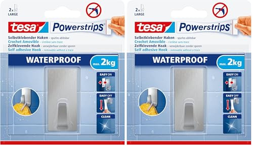 tesa Powerstrips Haken Waterproof L Metall eckig - selbstklebender Wandhaken für Küche und Bad, groß - Handtuchhaken aus Edelstahl, silber matt - belastbar bis zu 2 kg, 1 Stück, (Packung mit 2)
