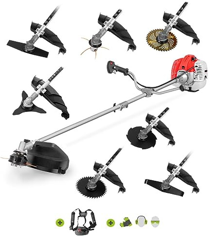 GREENCUT GGT650X-8 - Desbrozadora de Gasolina de 65cc y 4,9cv, Motor 2 Tiempos, con 8 Accesorios Intercambiables, arnés y Barra Divisible, desbrozadora 8 en 1 (Reacondicionado)