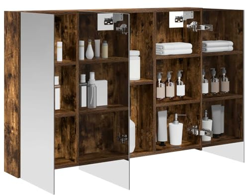 vidaXL Badezimmerspiegelschrank Geräucherte Eiche 100 x 14,5 x 70 cm, Badezimmer Aufbewahrung, rechteckiger Schrank, modernes Design, platzsparender Wandspiegel, verstellbares Regal, Organizer