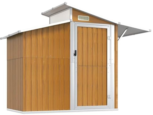 Casetta da giardino marrone 270 x 130 x 208,5 cm in metallo zincato, ampio spazio per attrezzi, attrezzature da piscina e giardino, con porta pratica, aerazione e pannello