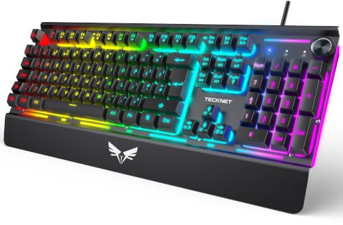 TECKNET RGB Gaming Keyboard with Volume Knob, Wired USB Connection (Black) | 15-Zone RGB Illumination, 105 Keys UK Layout, All-Metal Panel, 25 Anti-ghosting Keys, IP32 Water Resistant, Quiet Typing