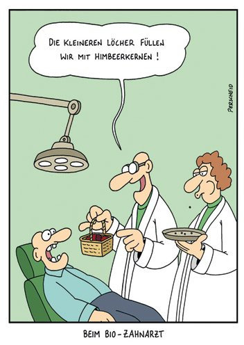 modern times Postkarte CARTOON - Motiv: BEIM BIO-ZAHNARZT, Anlass: Fun Cartoon/Satire, Künstler/Verlag: KÖPENICKER CG © PERSCHEID, Martin/Distr.Bull, Größe: A6