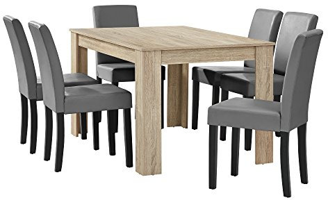 [en.casa] Esstisch Eiche hell mit 6 Stühlen hellgrau Kunstleder gepolstert 140x90 Essgruppe Esszimmer