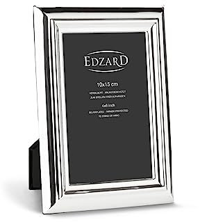 EDZARD Bilderrahmen Florenz für Foto 10 x 15 cm, edel versilbert, anlaufgeschützt, mit Samtrücken, inkl. 2 Aufhängern, Fotorahmen zum Stellen und Hängen