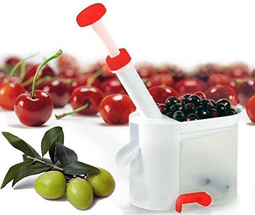 Snocciola Ciliegie e Olive con un semplice gesto! Snocciolatore rapido automatico, denocciolatore, levanoccioli, leva rimuovi ed estrai noccioli di oliva, ciliegia o amarene per ciliege amarena denocciolatrice - Ideale per marmellate e insalate - Con vassoio e base con ventosa per il massimo della stabilità