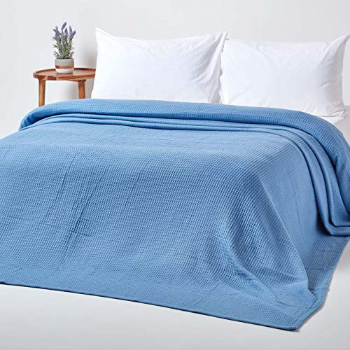 HOMESCAPES - 100% Organic Cotton Waffle Blanket - Blue - King Bed Size 250 x 230 cm - Super Soft Combed Cotton Blanket Throw