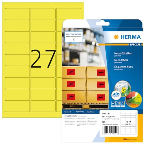 HERMA 5140 Farbige Etiketten neon gelb, 20 Blatt, 63,5 x 29,6 mm, 27 pro A4 Bogen, 540 Stück, selbstklebend, bedruckbar, matt, blanko Papier Neon-Etiketten Farbaufkleber