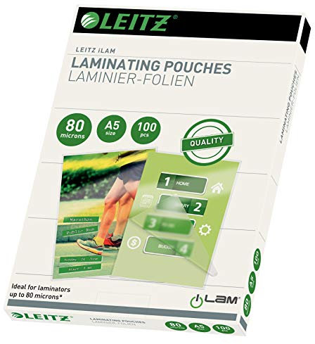 Leitz Heißlaminierfolien A5 80 mic, Hochwertige Laminierfolien im 100er Pack, mit abgerundeten Ecken, transparent, glänzend, für den Einsatz zu Hause oder im Büro, 33817