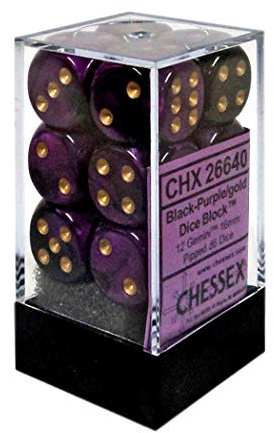 Chessex 16mm Gemini Black, Purple & Gold Polyhedral Dice Set – Compatible with Dungeons & Dragons, Pathfinder & Other Tabletop RPGs – Includes 12 D6 Dice (CHX26640), One Size