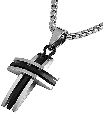 DonDon Herren Halskette mit Curved Triple Kreuz-Anhänger zweifarbig Edelstahl 52 cm silberfarben und Samtbeutel