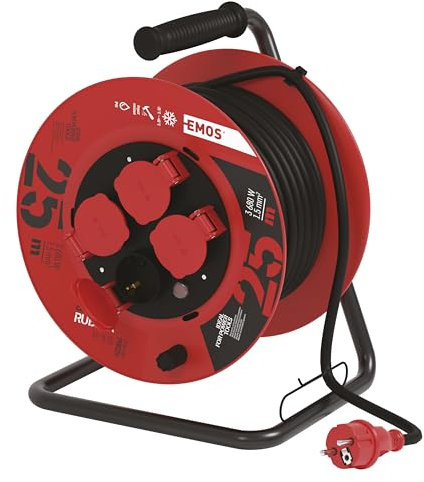 EMOS - Kabeltrommel 25m - 4 Schuko-Steckdosen - wasserdicht, schlagfest, hitze- & kältebeständig - 230V, 16A, 3680W - Gummi-Isolierung - H05RR-F3G 1,5 mm2 - IP44 für Außenbereich