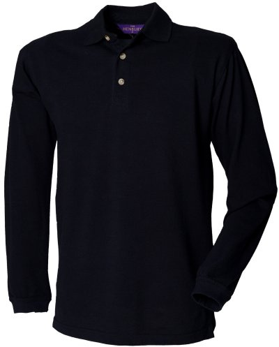 Henbury Mens Classic Plain Long Sleeve Cotton Polo Shirt (2XL) (Navy)