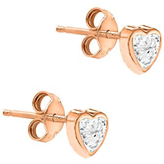 Carissima Orecchini a Perno con Zircone Cubico da 4 mm e Cuore da 5 mm in Oro Rosa 9 ct