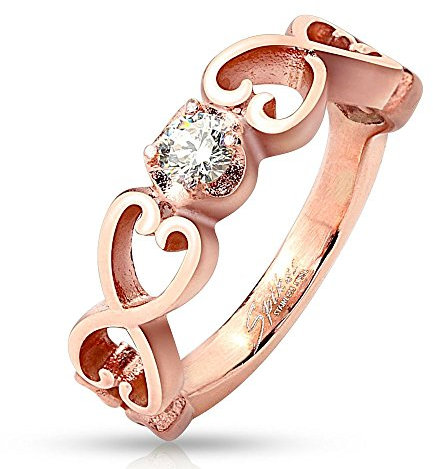 Bungsa 49 (15.6) Ring 6 Herzen mit Kristallstein rosegold rotgold für Damen Vintage (Ring Fingerring Partnerringe Verlobungsringe Trauringe Damenring Edelstahlring Chirurgenstahl)