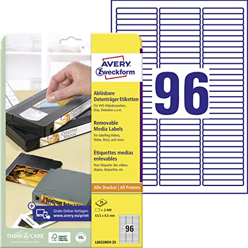 AVERY Zweckform L6022REV-25 Etiketten für Data Cartridges (2.400 Aufkleber, 63,5x8,5 mm auf A4, bedruckbar, selbstklebend, wiederablösbar, für Data Cartridges, HI8 und Travan) 25 Blatt, weiß