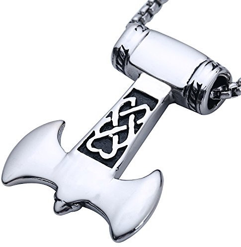 DonDon Men's Necklace Stainless Steel with Viking Axe Pendant Stainless Steel Silver in Velvet Jewellery Bag