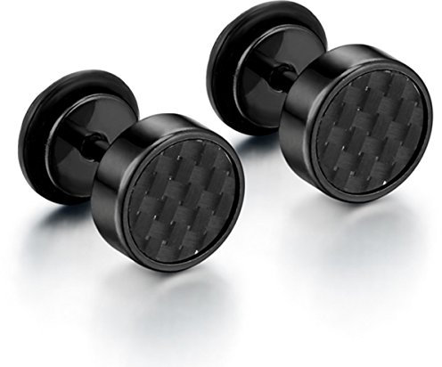JewelryWe Schmuck Herren Damen Ohrringe, Kohlefaser Inlay Ohrstecker, 8mm, Edelstahl, Schwarz