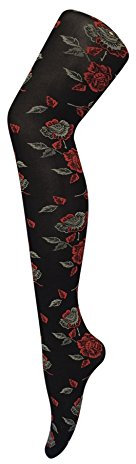 Femme 40 deniers opaques noirs Collants Roses se leva conçoit taille, 36-42 eur, Black/Red Full Rose, 36-42 eur, 8-14 UK